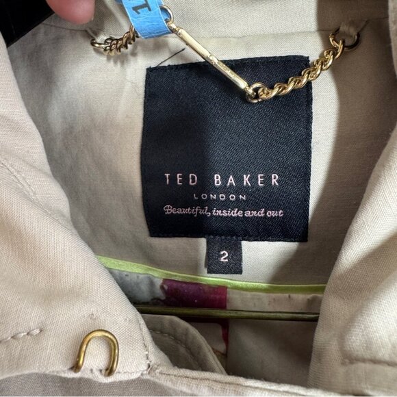 Ted Baker London Beige Trench Coat Size 2 Double Breasted Floral Lined Jacket - Picture 7 of 15